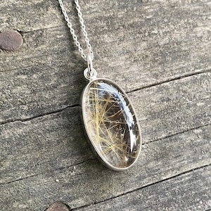 Golden Rutilated Quartz Silver Pendant, Yellow Rutilated Quartz Necklace, Golden Rutilated Quartz Men Necklace, Open-Back Skin Touch Design
