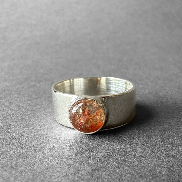 Natural Orange Sunstone Crystal Silver Band Ring, Crystalised Sunstone Ring Size 7, Sunstone Jewelry, Bold & Solid Design, Gift for Her Mom
