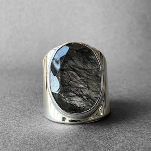 Natural Black Rutilated Quartz Silver Ring, Natural Black Tourmaline&#39;d Quartz Ring Size 7, Solid Design, Special Piece, Gift for Her Him