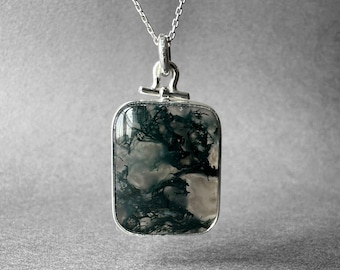 Natural Moss Agate Silver Necklace, Green Moss Agate Pendant, Moss Agate Silver Jewelry, Green Moss Agate Men Necklace, Gift for Mom Her