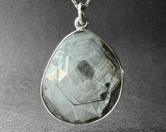 Natural White Sapphire Stone Silver Necklace, White and Gray Sapphire Pendant, Special Shimmering Cut, White Sapphire Men Necklace