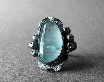 Natural Aquamarine Stone Ring, Vivid Blue Color Aquamarine Stone Ring, Blue Beryl Silver Ring, Ancient Design, Art Nouveau Style