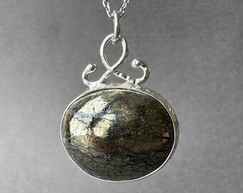 Copper Pyrite Silver Necklace, Peruvian Chalcopyrite Peacock Ore Necklace, Natural Pyrite Silver Pendant, Special Piece, Completely Handmade