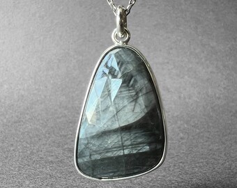Natural White Sapphire Stone Silver Necklace, White and Gray Sapphire Pendant, Shimmering Cut, White Sapphire Men Necklace, Gift for Her
