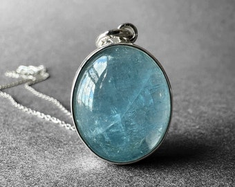 Natural Rich Blue Brazil Aquamarine Silver Necklace, Blue Aquamarine Stone Pendant, Unique Piece, Aquamarine Men Necklace, Skin Touch Design