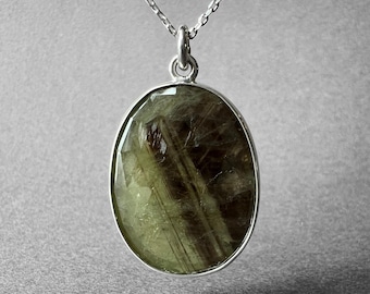 Natural Australian Green Sapphire Silver Necklace, Shimmering Green Sapphire Pendant, Green Sapphire Jewelry, Green Sapphire Men Necklace