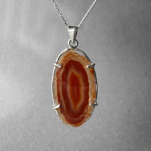 Red Agate Silver Necklace, Natural Red Agate Slice Pendant, Special Piece, Brazilian Geode Agate Slice Pendant, Red Agate Necklace for Mens