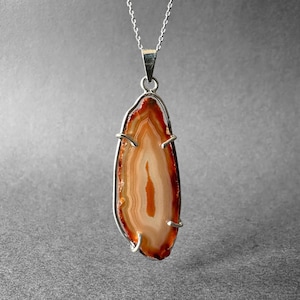 Red Agate Silver Necklace, Natural Red Agate Slice Pendant, Special Piece, Brazilian Geode Agate Slice Pendant, Red Agate Necklace for Mens