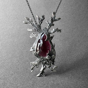 Gorgeous Rhodolite Garnet Necklace, Father&#39;s Special Collection Piece Garnet Pendant, Ancient Garnet Medallion, Completely Handmade & Silver