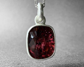 Natural Rhodolite Pink Garnet Silver Pendant Necklace, Satin Matte Finish, One-of-a-Kind Jewelry