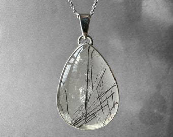 Gorgeous Black Tourmalinated Quartz Silver Necklace, Black Rutilated Quartz Pendant, Special Piece, Genderless Jewelry, Quartz Men Necklace