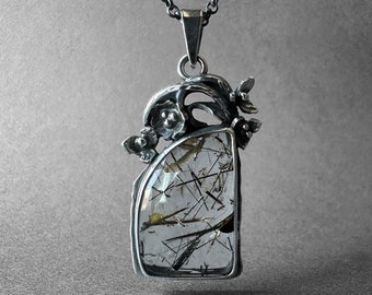 Flower Design Black Tourmalinated Quartz Silver Necklace, Black Rutilated Quartz Pendant, Black Tourmaline Quartz Men Necklace, Gift for Her