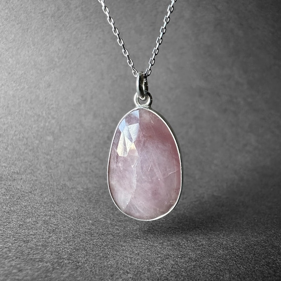 Natural Pink Sapphire Stone Silver Pendant Necklace, Special Shimmering Cut, One-of-a-Kind pieces from TurkuazNaturalStones
