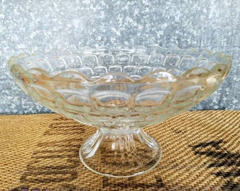 Federal Glass Yorktown (Colonial) Pedestal Bowl, Glass Thumbprint/Pressed Oval Fruit Bowl, Geometric Mid Century Design
