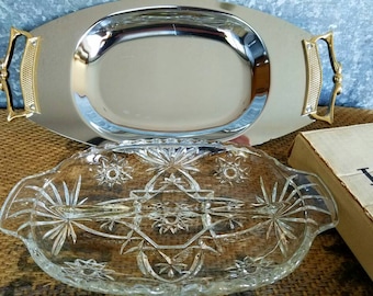 Kromex Relish Server, Chrome Tray, Divided Glass Dish Star Of David Pattern, Mid Century Serving Tray Platter, Original Box