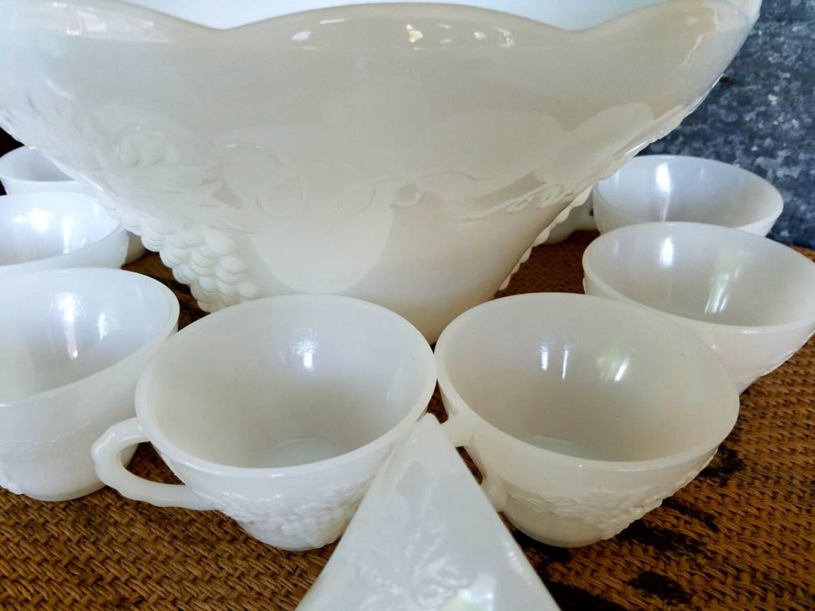 Milk Glass Punch Bowl Set, Anchor Hocking Harvest Grape With 12 Cups
