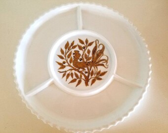 Divided Milk Glass Platter With Gold Bird/Phoenix/Pheasant/Rooster/Peacock, Mid Century, Hollywood Regency, Statement Piece
