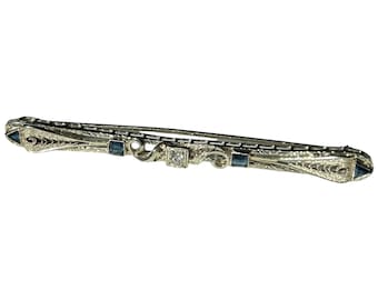 Art Deco 18 Karat White Gold Diamond & Sapphire Filigree Bar Pin Brooch