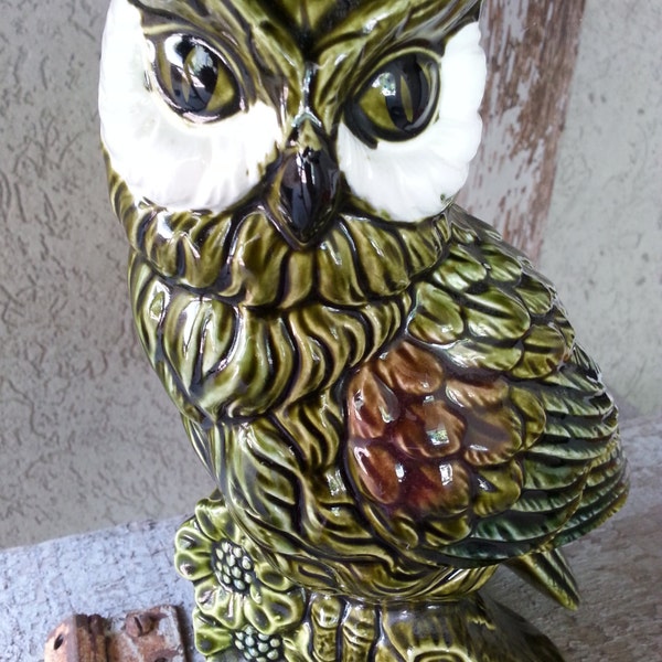 Vintage Green Owl Vase, Planter, Statue, Pencil Holder, Utensil Holder, Retro Kitchen, Ceramic, Mid Century, Halloween