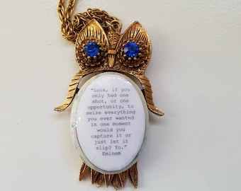 Vintage Upcycled Owl Necklace With Motivational Quote, OOAK, Eminem Quote, 12" Chain, Gold Owl With Blue Rhinestone Eyes