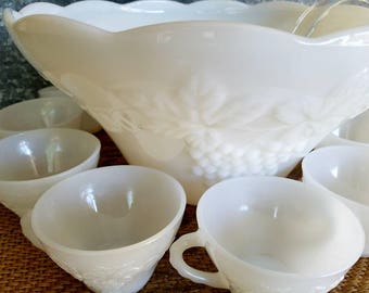 Milk Glass Punch Bowl Set, Anchor Hocking Harvest Grape With 12 Cups And Ladle, Mid Century