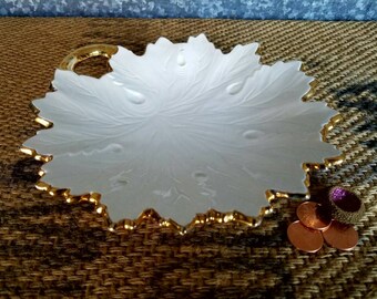 G S Zell Majolica Leaf Bowl/Dish, Gold Trim, Western Germany Art Pottery, 8" Candy Dish, Trinket Dish, RARE Bowl Marked 37 8