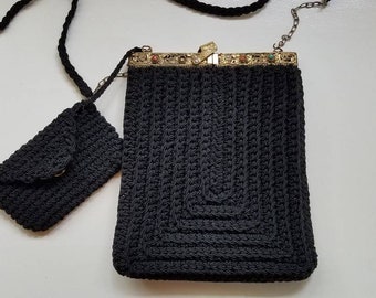 Antique Crocheted Black Evening Bag With Gold Metal Frame, Handbag, Purse, Attached Coin Purse