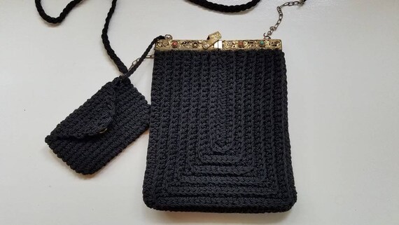 Antique Crocheted Black Evening Bag With Gold Metal Frame, Handbag, Purse, Attached Coin Purse