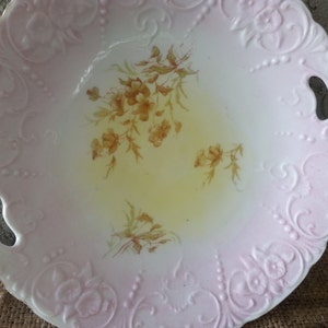 Cookie Or Cake Plate With Cut Out Handles, Pink and Yellow Hand Painted Porcelain, Floral Serving Plate or Platter, Antique