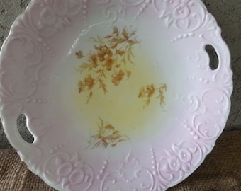 Cookie Or Cake Plate With Cut Out Handles, Pink and Yellow Hand Painted Porcelain, Floral Serving Plate or Platter, Antique