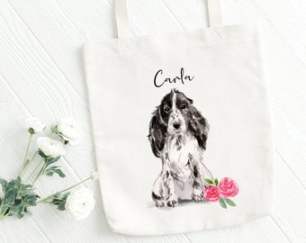 Personalised Cocker Spaniel BW Tote Bag, Dog Gift For Her, Name Tote Bag, Dog Gifts, Dog Tote Bag, Tote Bag, Dog Gifts Reusable Shopping Bag