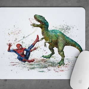 Spider-Man vs T-rex Mousepad Watercolor Spiderman Peter Parker vs Dinosaur T. Rex Tyrannosaurus Mouse Pad Mousemat Office Decor