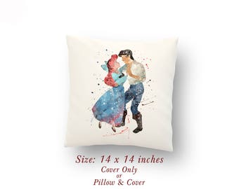 Ariel and Prince Eric Love Gift, Valentine's Day Watercolor Pillow Cover or Cushion Size: 14" x 14" The Little Mermaid