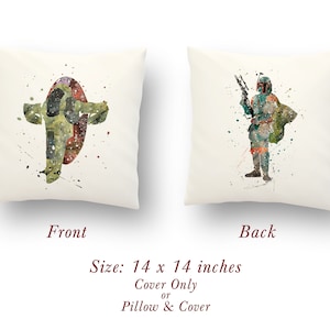 Puede incluir: Una funda de almohada blanca con un diseño de acuarela de un personaje de Star Wars en la parte delantera y un diseño de acuarela de un personaje de Star Wars en la parte trasera. La funda de almohada mide 14 pulgadas por 14 pulgadas.