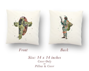 Star Wars Boba Fett Bounty Hunter Slave I Ship Decor Watercolor Double Sided Two Sides Printed Pillow Cover or Cushion Size: 14" x 14"