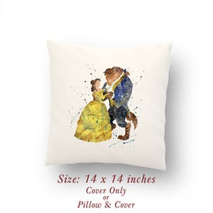 Beauty and the Beast, Belle, Love Gift, Valentine&#39;s Day Watercolor Pillow Cover or Cushion Size: 14&quot; x 14&quot;