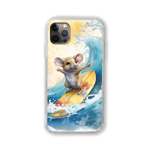 Simpatico topolino che naviga su una tavola Immagine ad acquerello Rat Surfer Custodia per telefono Divertente simpatico animale Arte Pittura Sport acquatici Custodia per iPhone Regalo