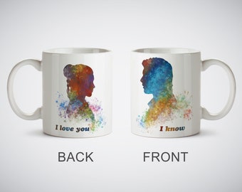 Star Wars Han Solo and Leia Watercolor I love you I know Art Print Mug 11 oz White Mug picture Valentine's Day Love Gift for her him