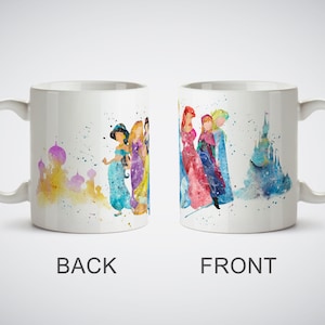 Princesses Jasmine Rapunzel Snow White Cinderella Ariel The Little Mermaid Anna Elsa Frozen Castle White Mug or Magic Mug Watercolor Art