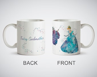Cinderella and Fairy Godmother Custom Text Art Print cup Coffee Tea Kitchen Decor White Mug or Magic Mug Personalized Princess Nursery Art