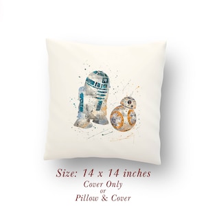 May include: A watercolor pillow cover featuring R2-D2 and BB-8 from Star Wars. The pillow cover is white with a light blue, brown, and orange watercolor design. Size: 14 x 14 inches. Cover Only or Pillow & Cover.