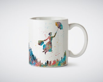 Mary Poppins Watercolor Art Print cup Coffe Tea Ceramic Cup Kitchen Decor White Mug or Magic Mug picture Popins Nursery Color changing mug