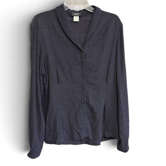 Eileen Fisher, Vintag Eileen Fisher Boucle Button Up Blouse M Navy Blue Wool Blend Shawl Collar