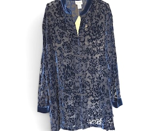Vintage Yi Lin Burnout Velvet Top 2X Blue Silk Blend Floral Frog Knot Whimsigoth