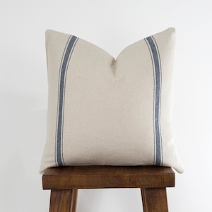 Blue Striped Feed Sack Pillow - Grain Sack Zippered Throw Pillow Cover, Modern Farmhouse Country Pillow | Choose Size