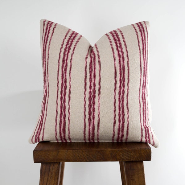 Grain Sack Pillow Cover Red Farmhouse pillows, Feedsack Ticking Stripe with Zipper, Throw Pillows | Choose Size