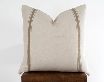 Tan Feedsack Pillow Cover - Grain Sack Tan Stripe Ticking, Zippered Throw Pillow Cover, Modern Farmhouse Country Pillow | Choose Size