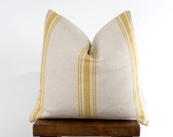 Grain Sack Pillow Cover Yellow Stripe, Zippered Throw Pillow Cover Feed Sack, Modern Farmhouse | Choose Size