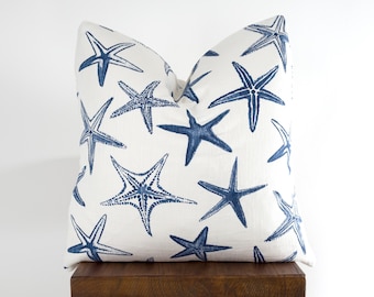 Starfish Pillow Cover in Vista Luxe Linen, Nautical Sea Coastal Navy Blue Throw Pillow | Choose Size
