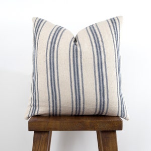 Blue Ticking Grain Sack Stripe Pillow, Zippered Throw Pillow Cover, French Country Cottage, Square or Lumbar | Choose Size